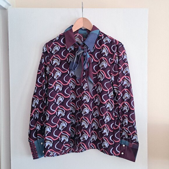 SIMONS Scarf Collar Printed Shirt, sz large - Picture 3 of 10